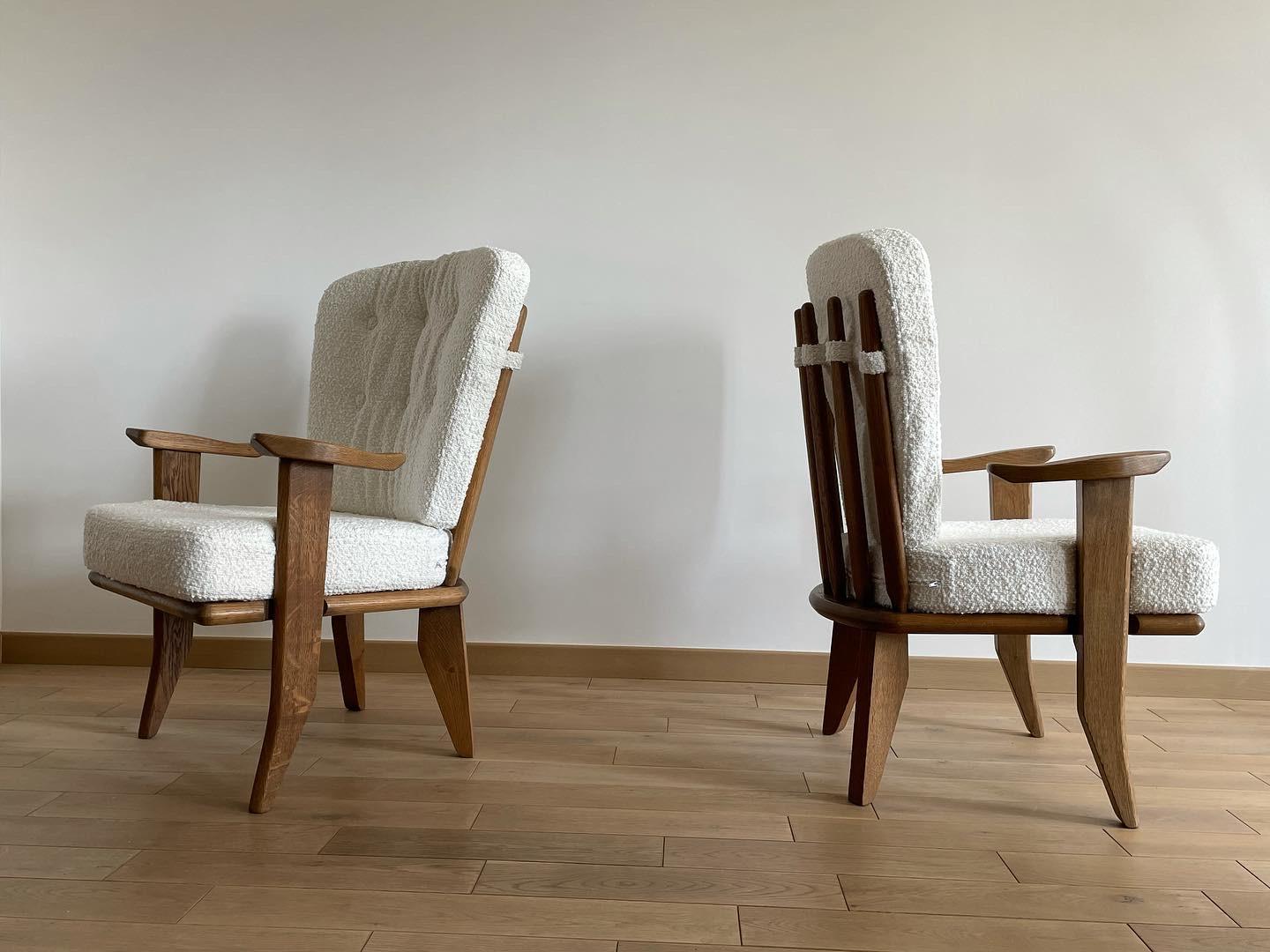 Upholstery Pair of French Oak Armchairs by Guillerme et Chambron, France, 1960s For Sale