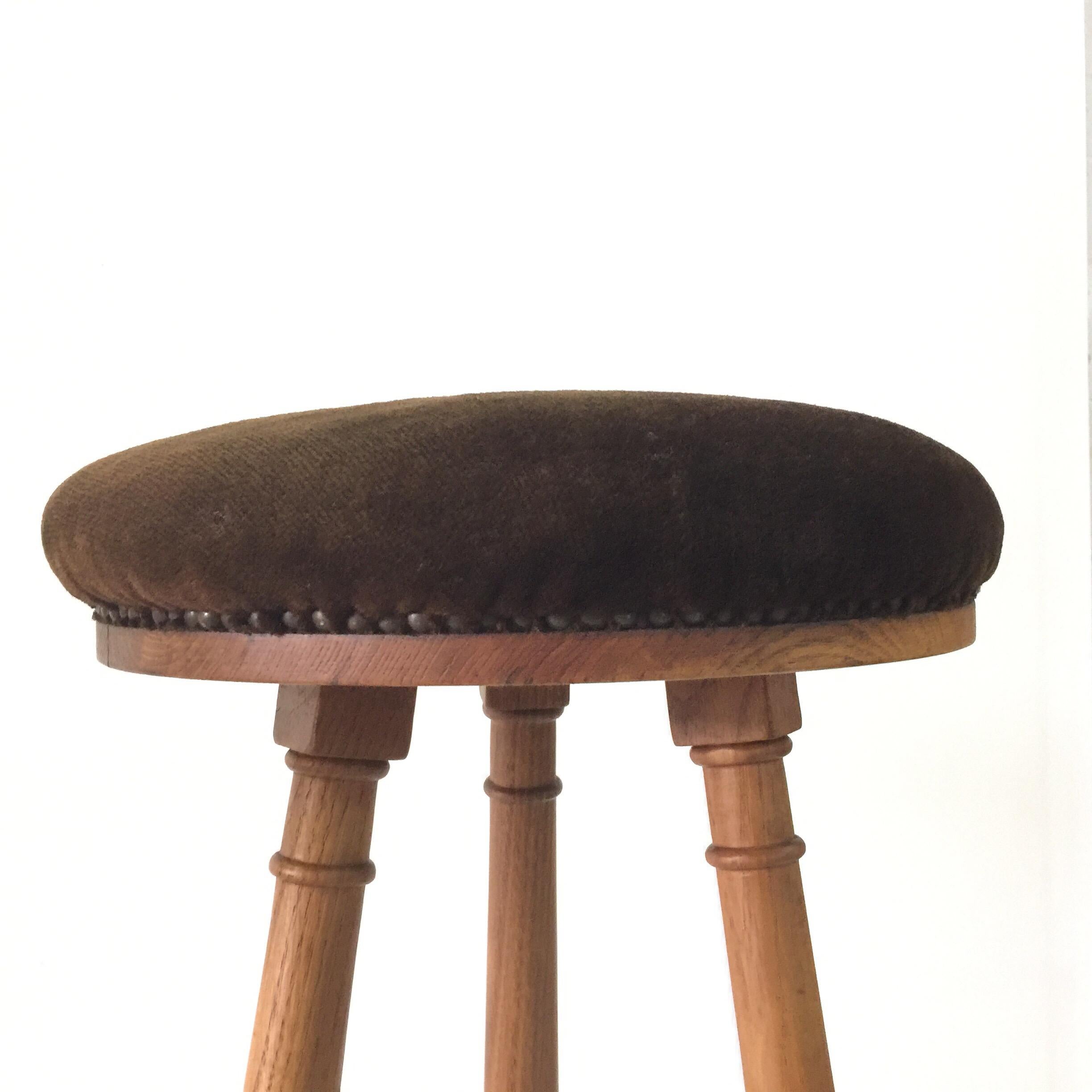 Mid-20th Century Pair of French Oak Bar Stools, Attributed to Jacques Adnet