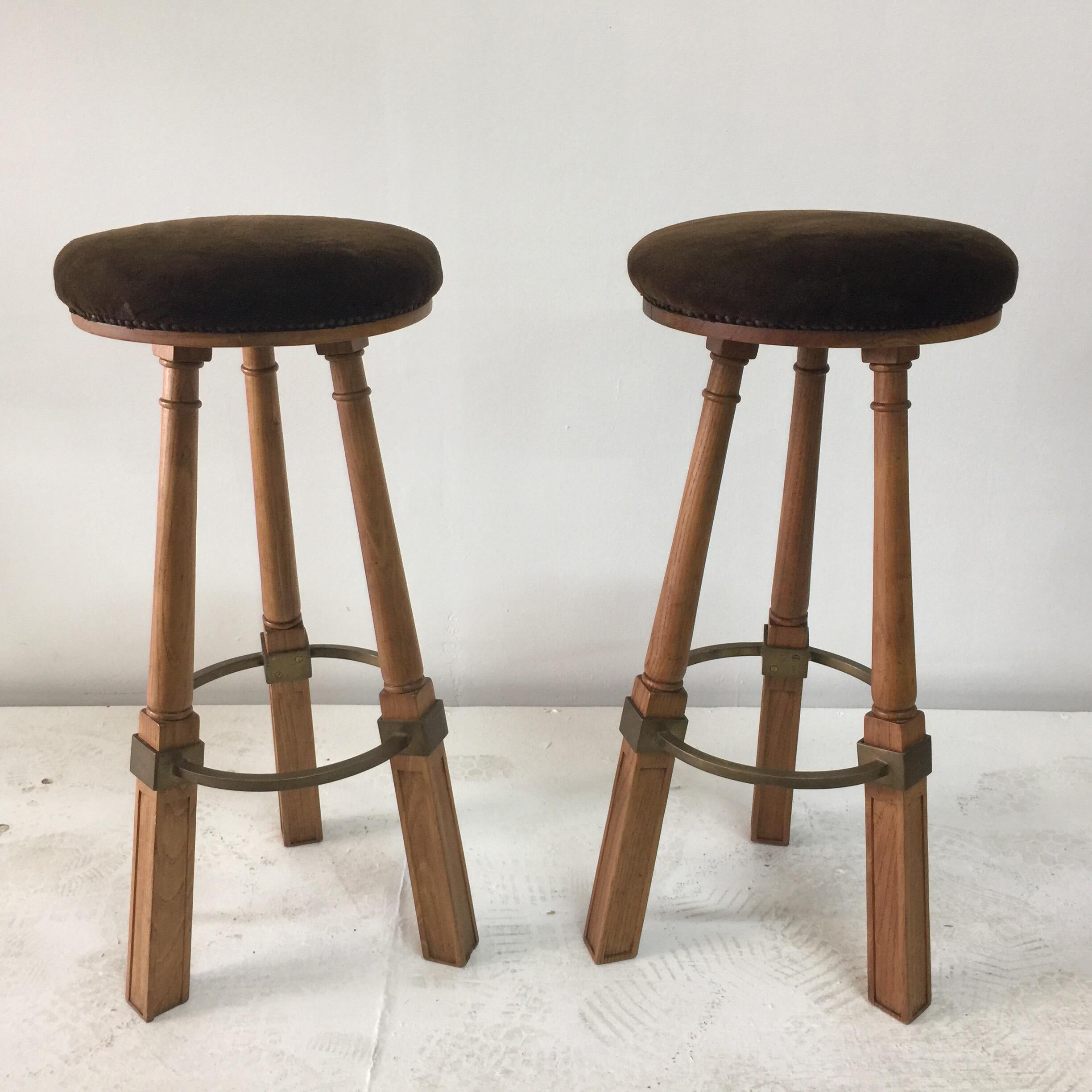 Fabric Pair of French Oak Bar Stools, Attributed to Jacques Adnet