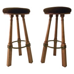 Pair of French Oak Bar Stools, Attributed to Jacques Adnet