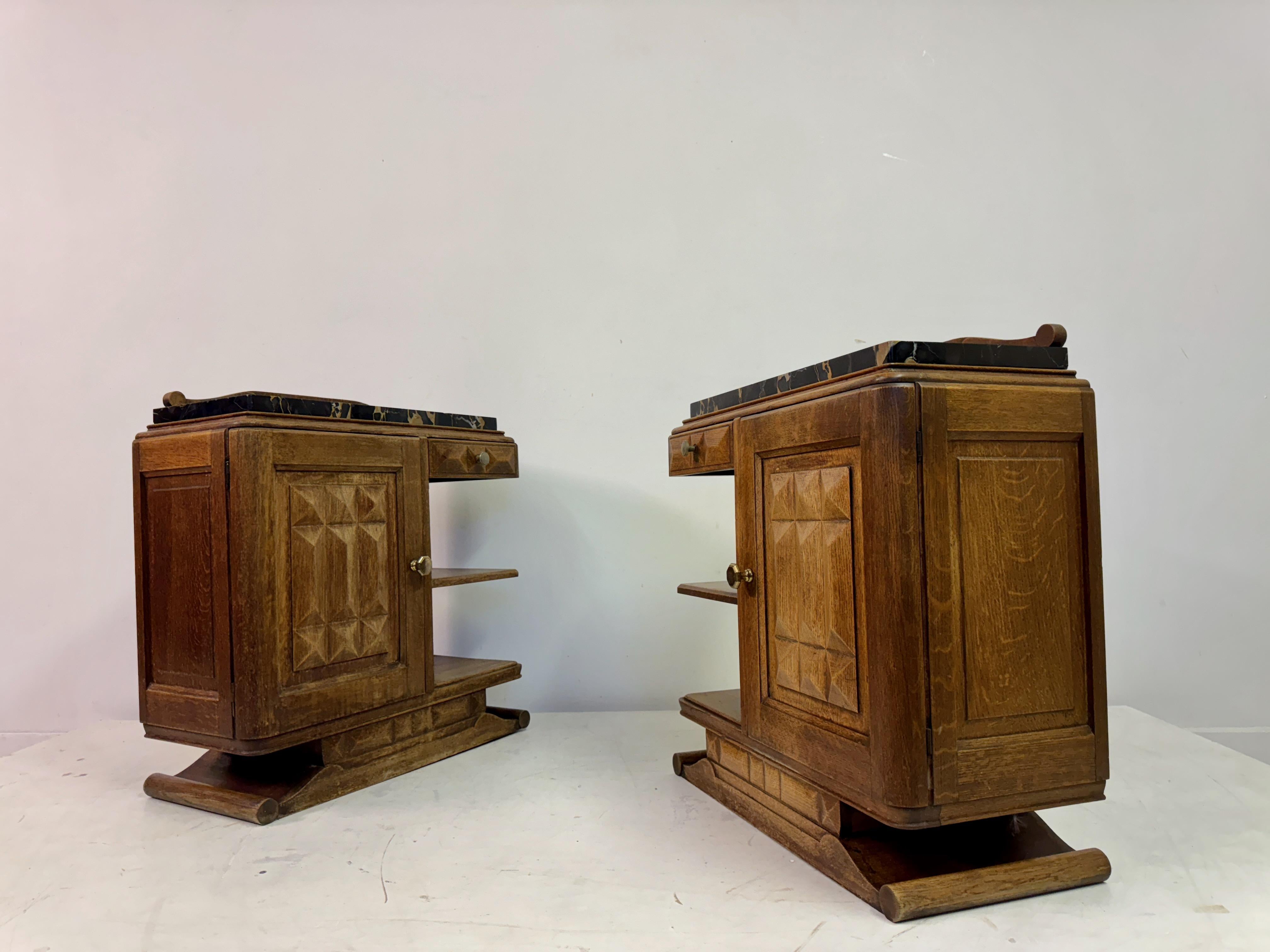 Pair of French Oak Bedside Cabinets with Portoro Marble Tops For Sale 7
