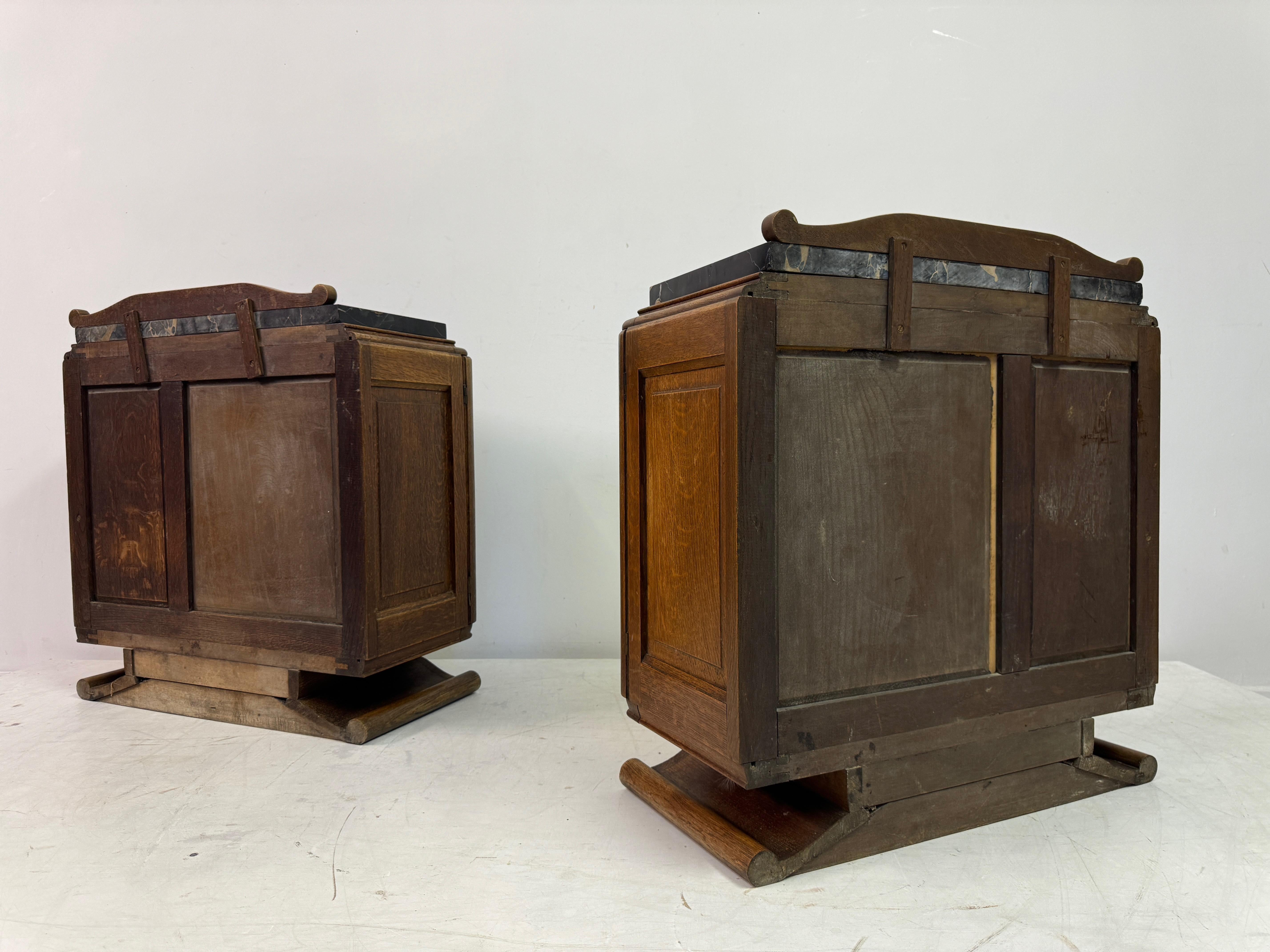 Pair of French Oak Bedside Cabinets with Portoro Marble Tops For Sale 8