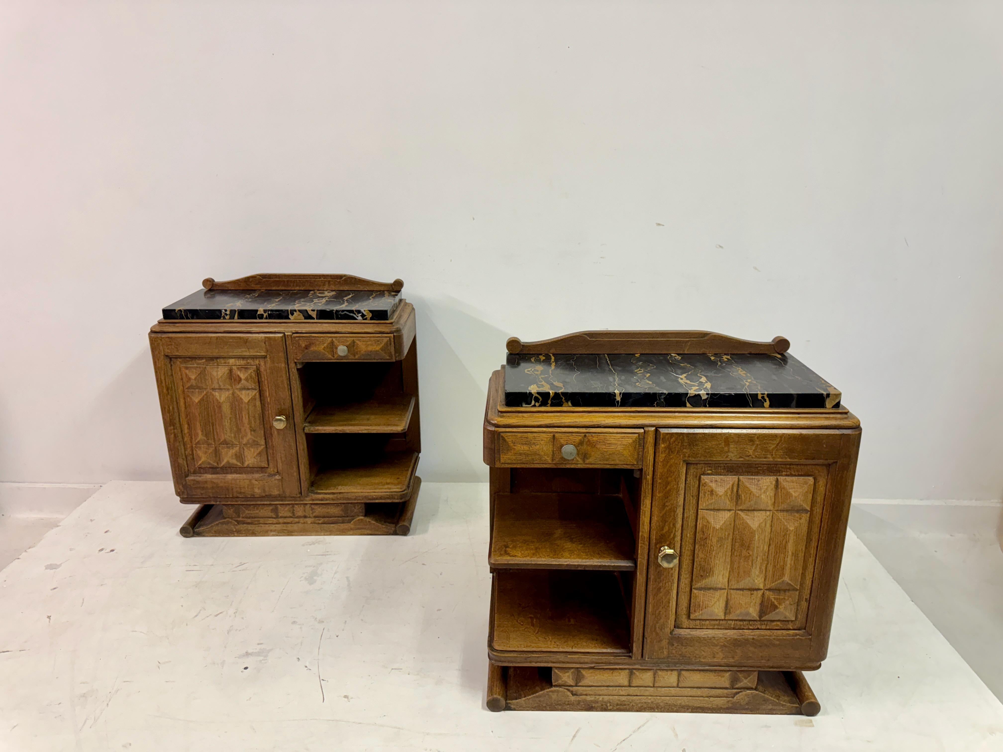 Pair of French Oak Bedside Cabinets with Portoro Marble Tops For Sale 1