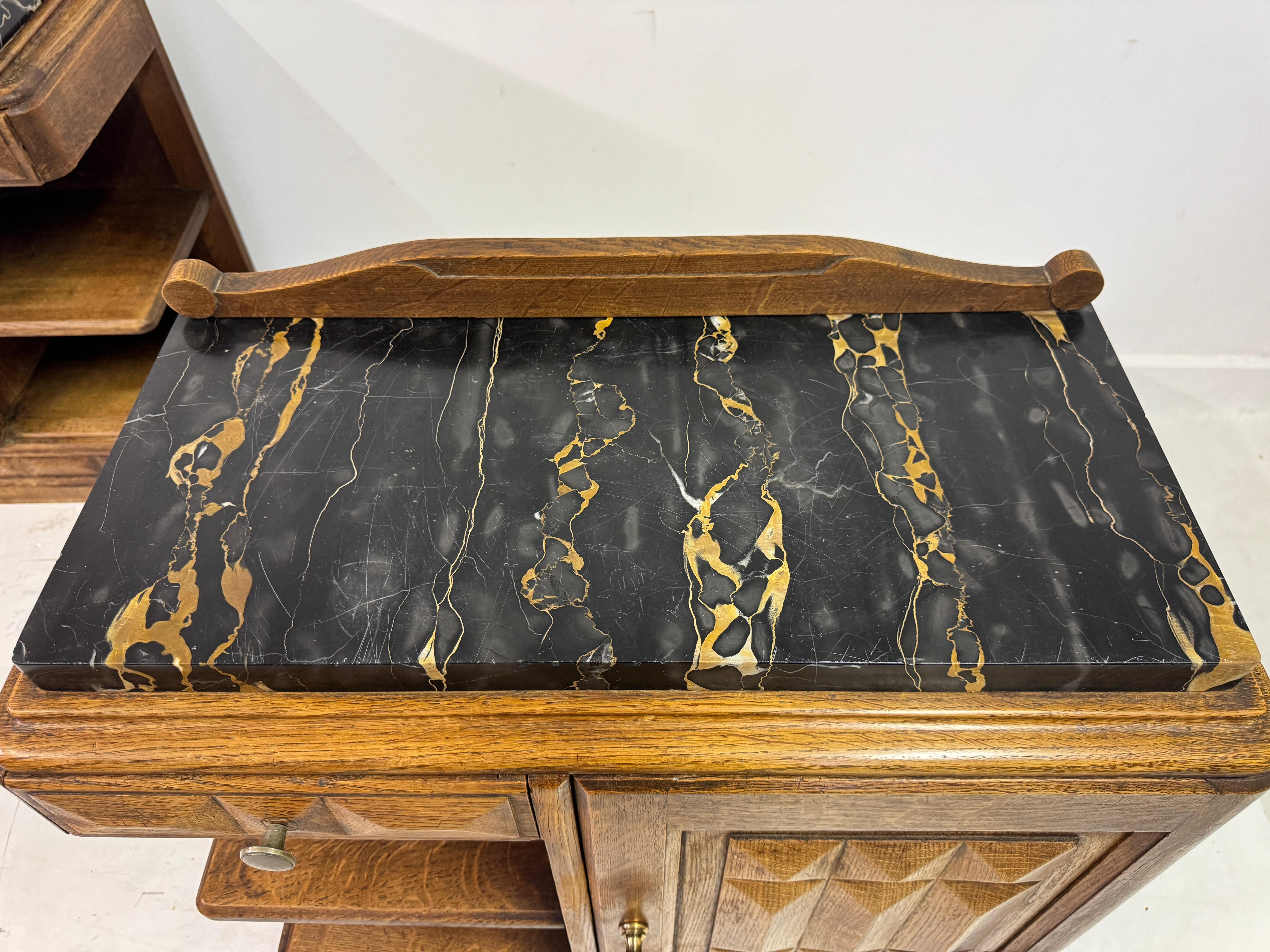 Pair of French Oak Bedside Cabinets with Portoro Marble Tops For Sale 2