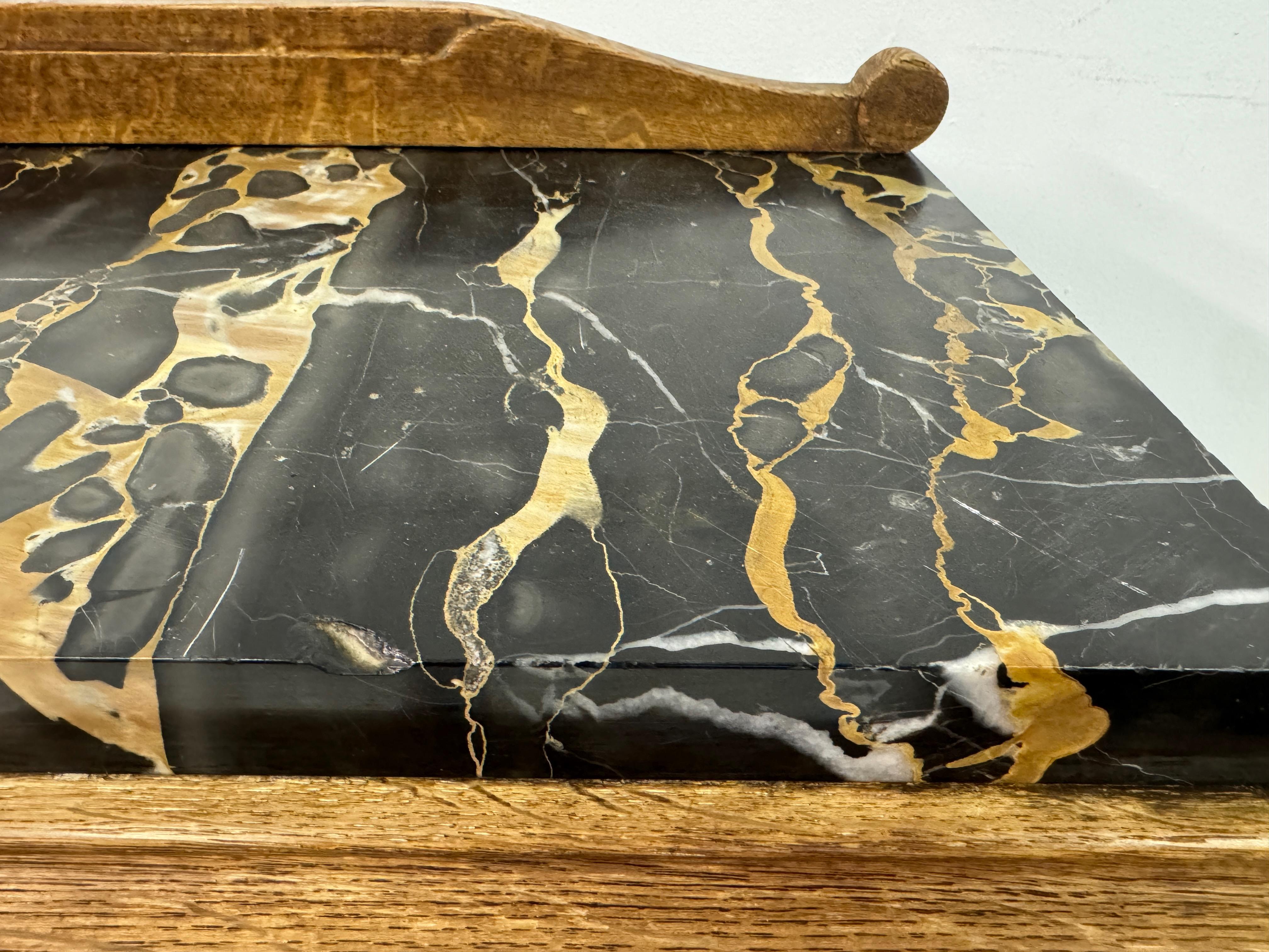 Pair of French Oak Bedside Cabinets with Portoro Marble Tops For Sale 4