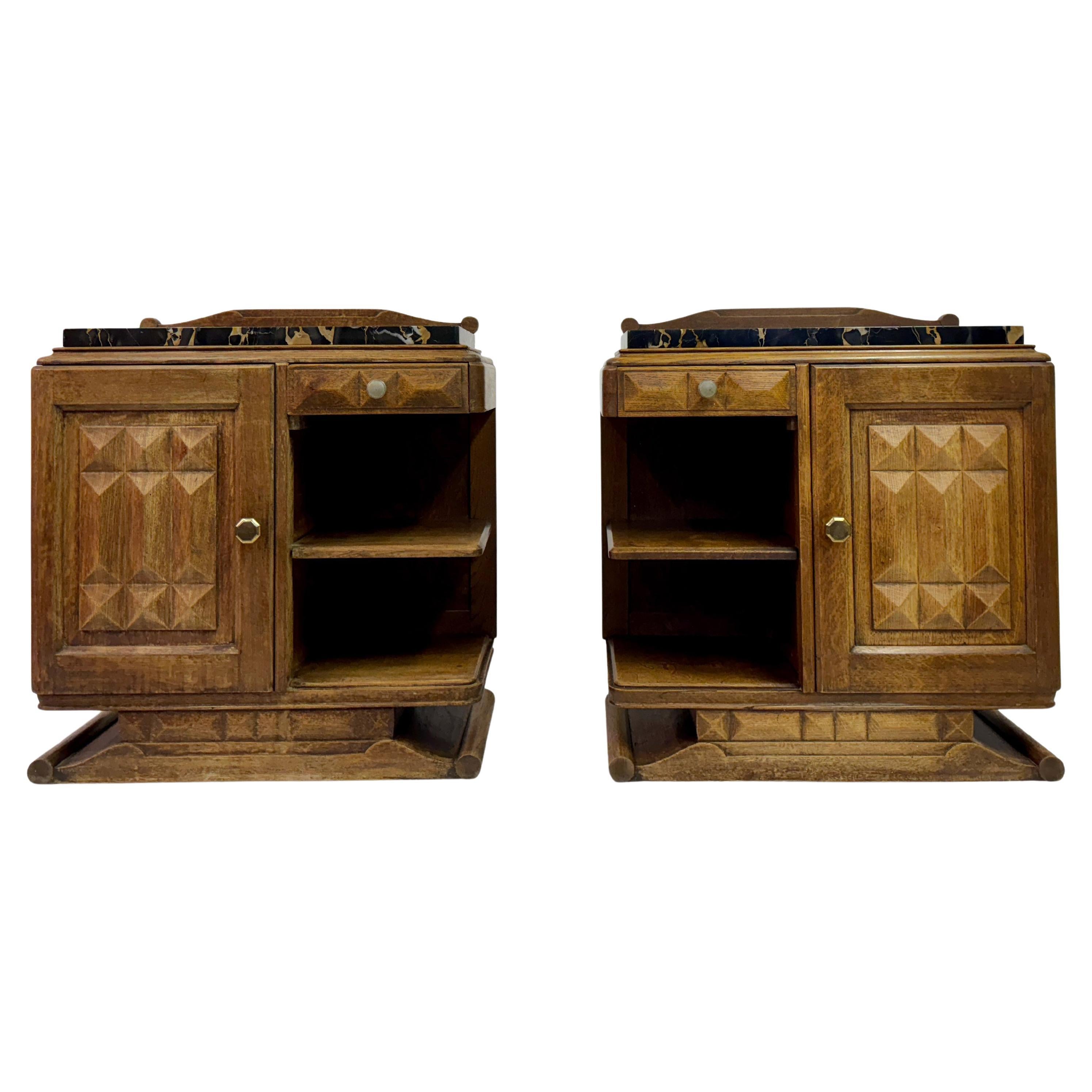 Pair of French Oak Bedside Cabinets with Portoro Marble Tops