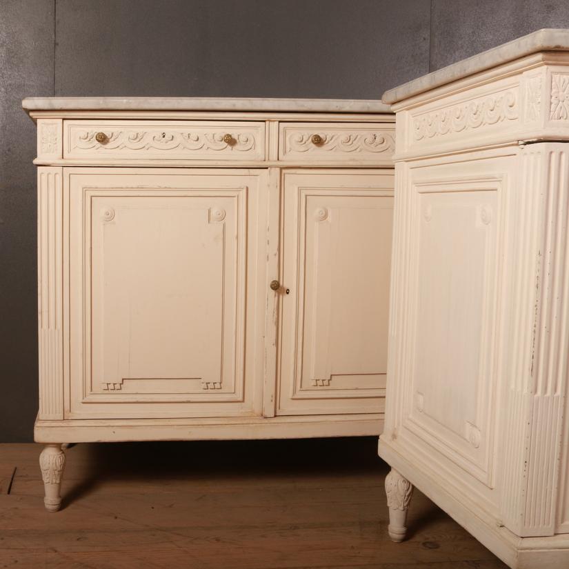 Marble Pair of French Oak Buffets / Cabinets