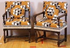 Pair of French Oak Carved Armchairs circa 1700, Later Reupholstered