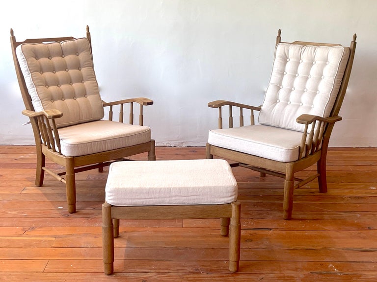 Pair of French Oak Chairs & Ottoman For Sale 6