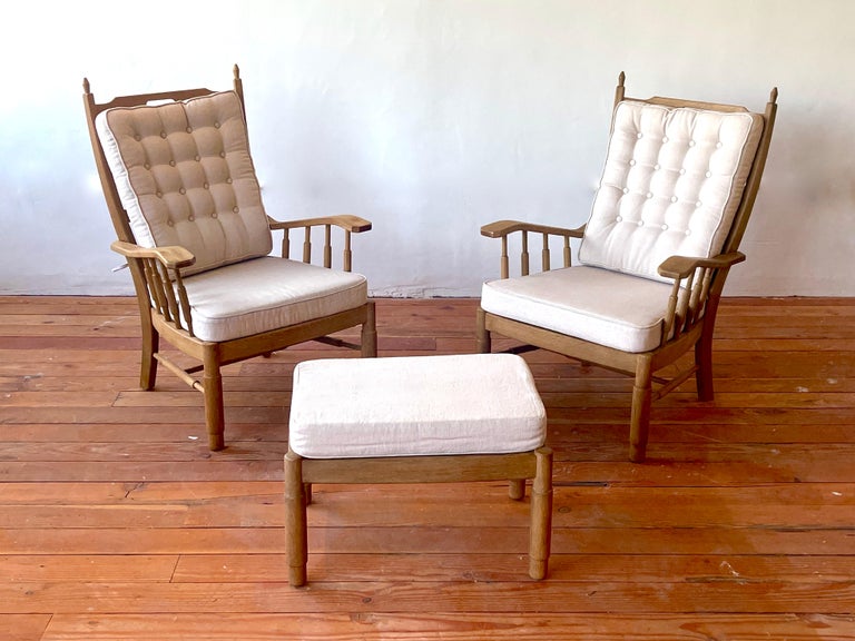 Pair of French Oak Chairs & Ottoman For Sale 10