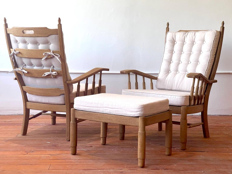 Pair of French Oak Chairs & Ottoman In Good Condition For Sale In West Hollywood, CA