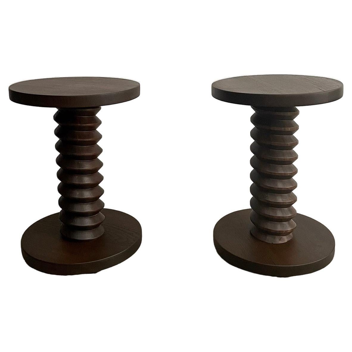 Pair of French Oak Corkscrew End Tables in the style of Dudouyt For Sale