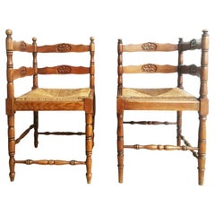 Antique Pair of French Oak Corner Cattail Chairs or Fireplace Chairs, Early 20th Century