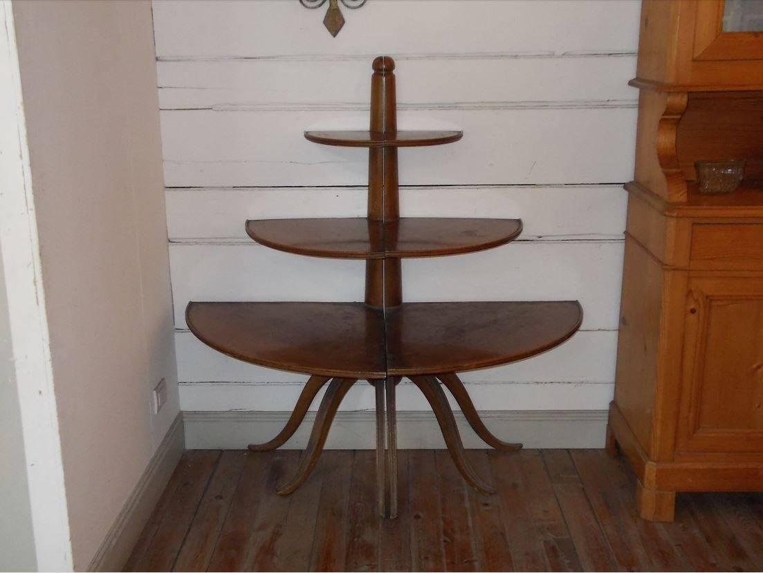 Pair of French oak corner shelves on tripod from 1940s.