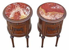 Pair of French Oak Cylindrical Bedside Tables Cupboards Marble
