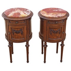 Pair of French Oak Cylindrical Bedside Tables Cupboards Marble