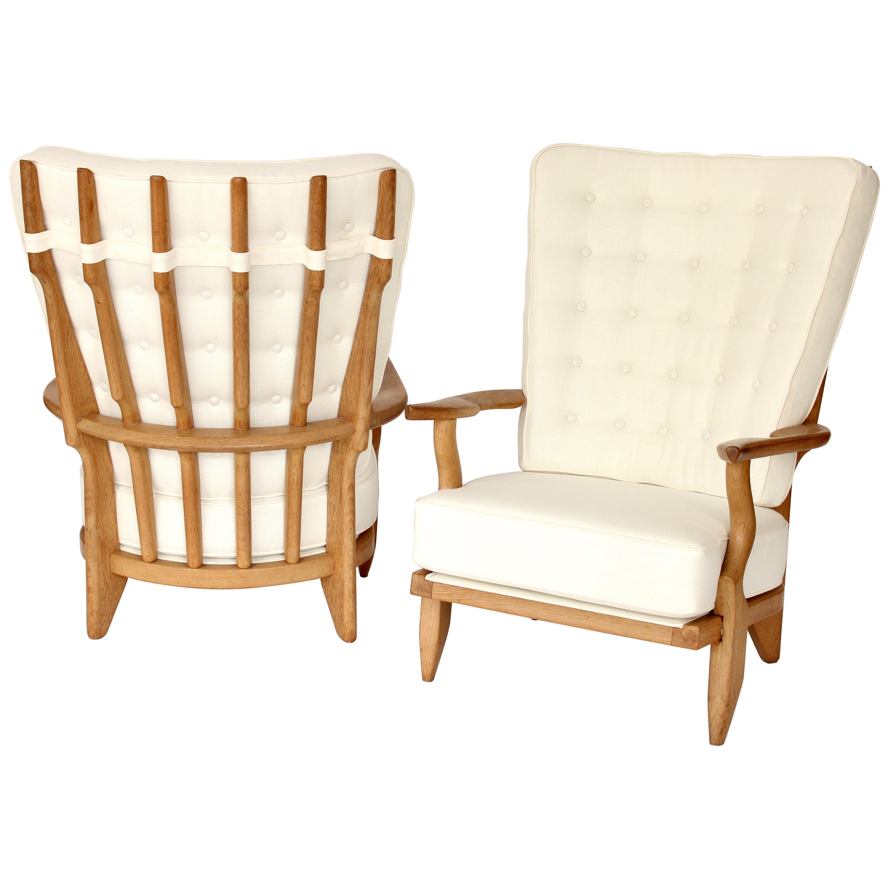 Guillerme et Chambron Votre Maison Pair of French Oak Grand Repos Lounge Chairs 