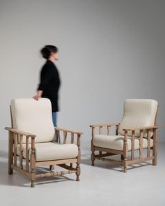 Pair of French Oak Reclining Armchairs with Bouclé Upholstery