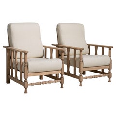 Pair of French Oak Reclining Armchairs with Bouclé Upholstery