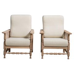 Pair of French Oak Reclining Armchairs with Bouclé Upholstery