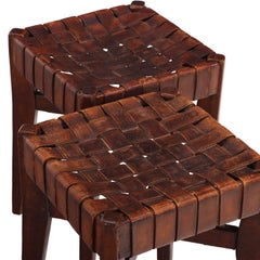 Pair of French Oak Stools with Woven Leather Strap Seats, C 1925