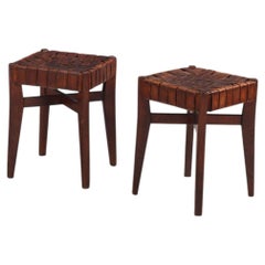 Pair of French Oak Stools with Woven Leather Strap Seats, C 1925