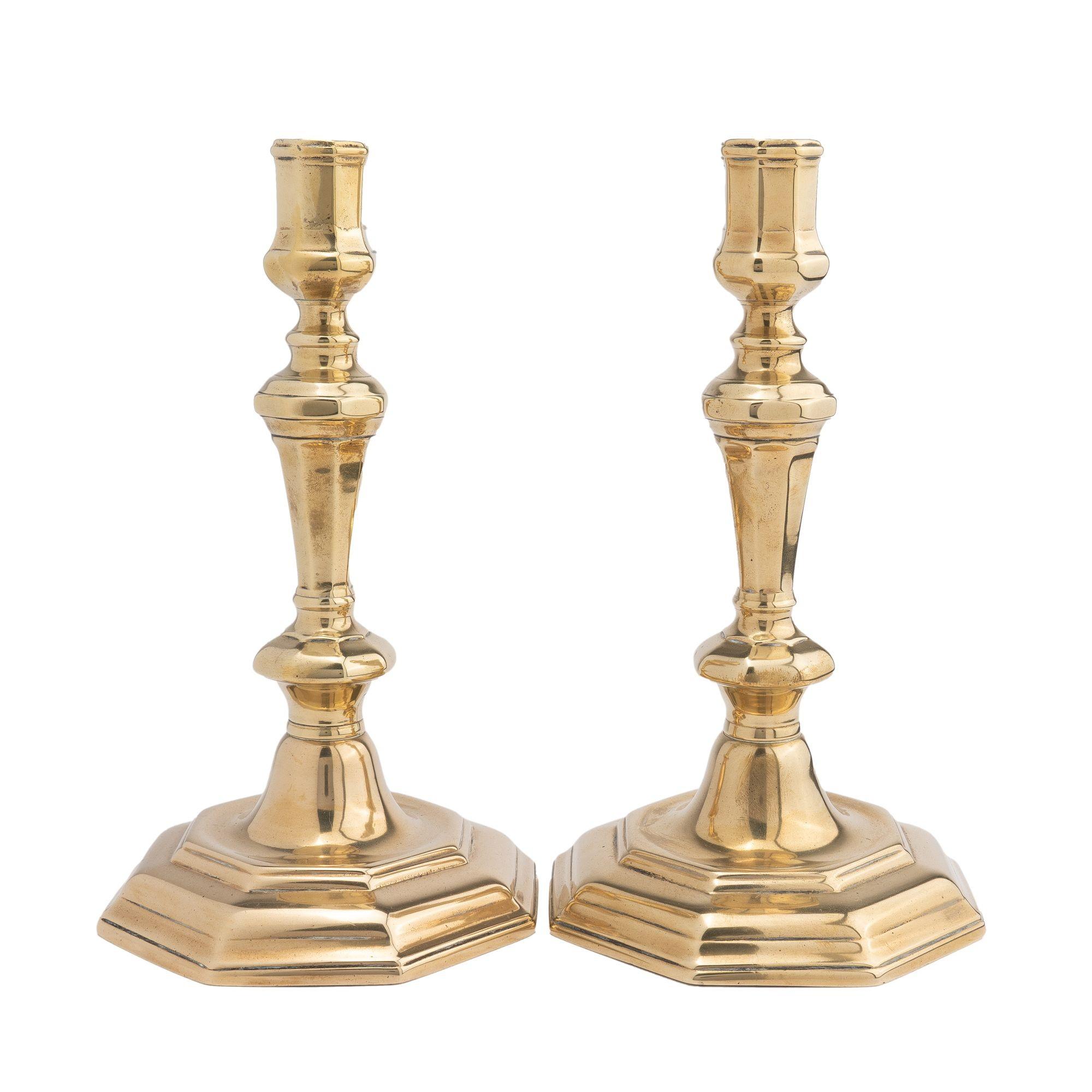 Pair of French Octagonal Brass Candlesticks, 1750's In Good Condition For Sale In Kenilworth, IL
