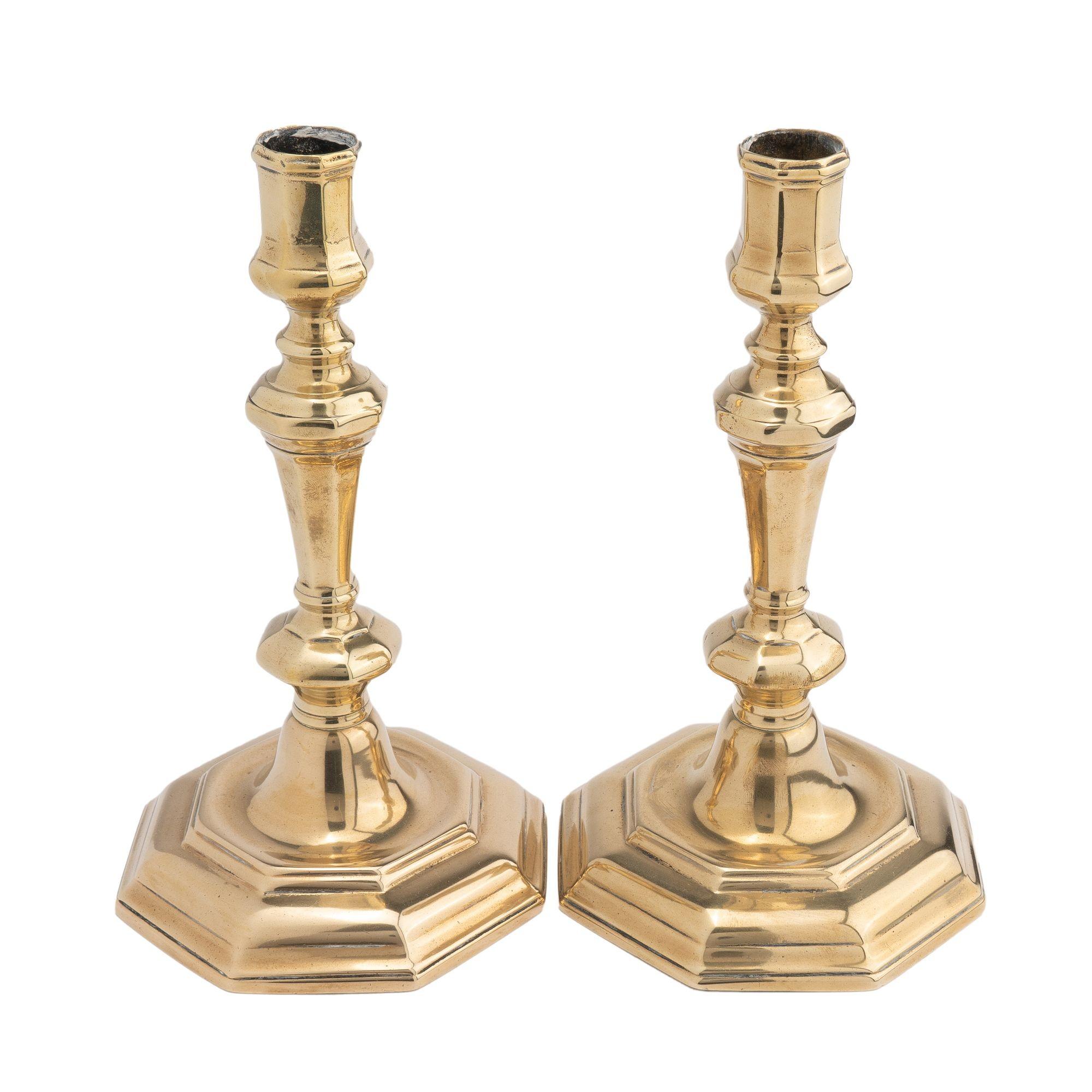 18th Century Pair of French Octagonal Brass Candlesticks, 1750's For Sale