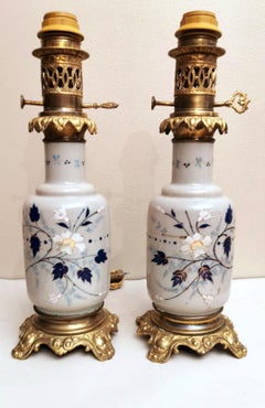Pair of French Oil Lamps Opaline Glass Hand Painted Bronze Finishing