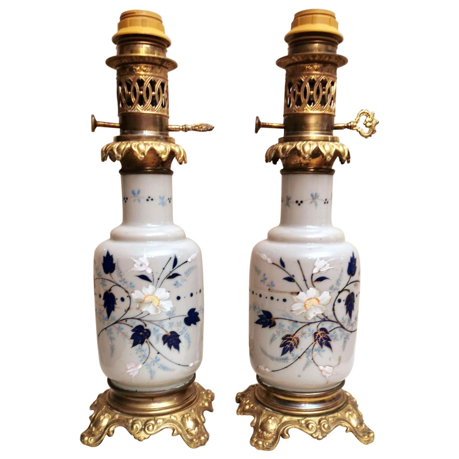 Pair of French Oil Lamps Opaline Glass Hand Painted Bronze Finishing For Sale