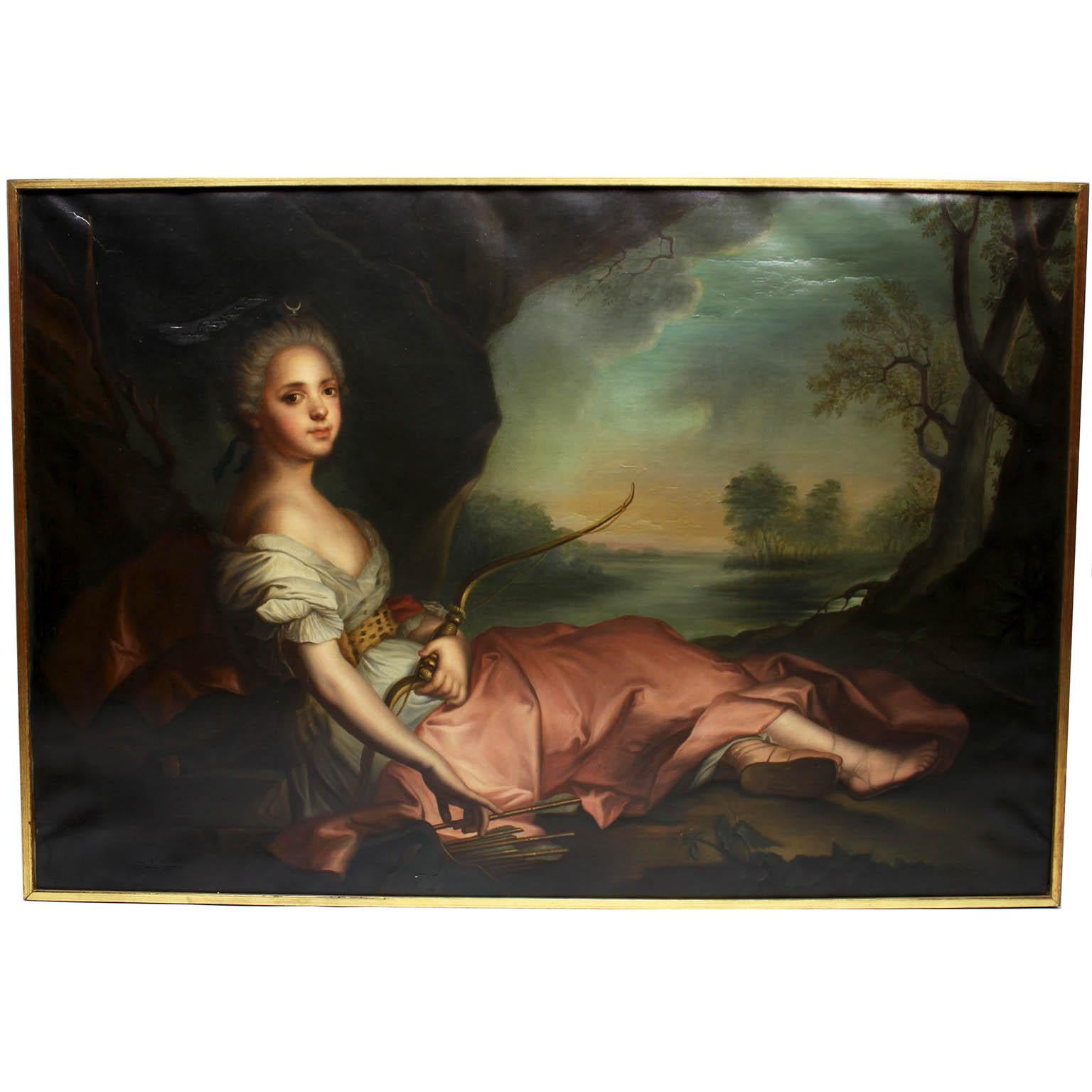 Ein Paar Französisch Öl auf Leinwand Marie Adelaide von Frankreich als Diana und Henriette von Frankreich als Flora, nach den Originalen von Jean-marc Nattier (Französisch 1685-1766). Marie-Adelaide (1732-1800), dargestellt als sitzende Diana, war