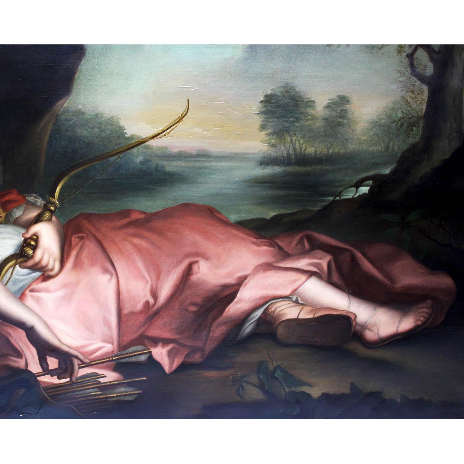 Paar französische Ölgemälde auf Leinwand „Diana & Flora“ nach Jean-Marc Nattier im Zustand „Relativ gut“ im Angebot in Los Angeles, CA
