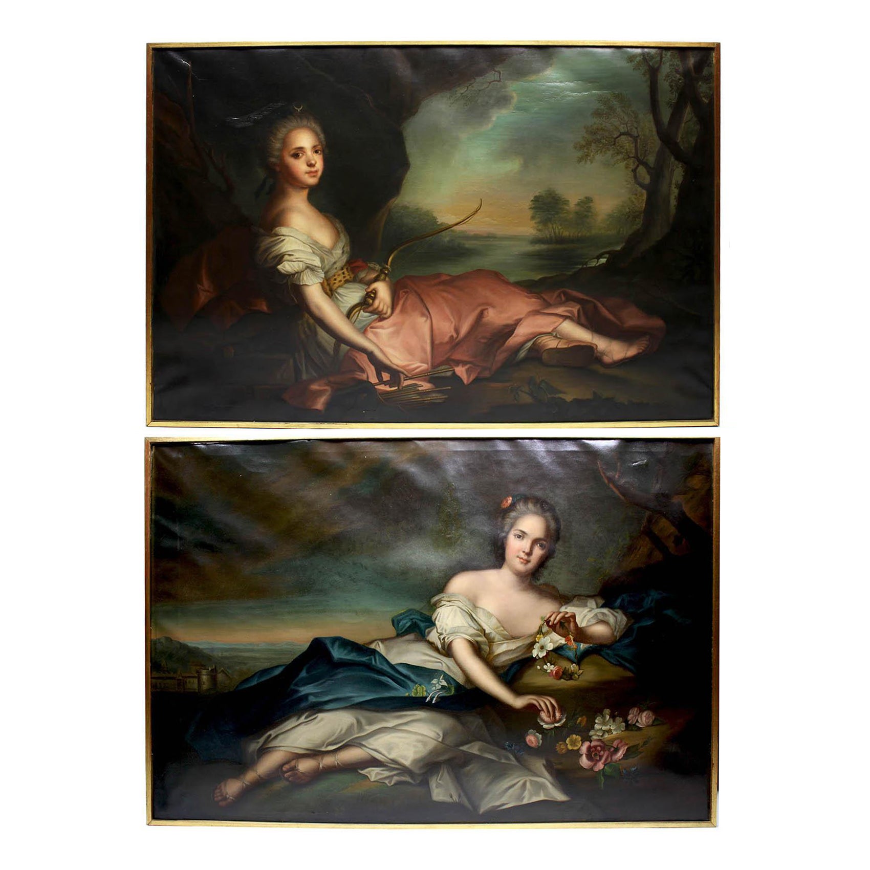 Paar französische Ölgemälde auf Leinwand „Diana & Flora“ nach Jean-Marc Nattier