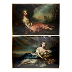 Paar französische Ölgemälde auf Leinwand „Diana & Flora“ nach Jean-Marc Nattier