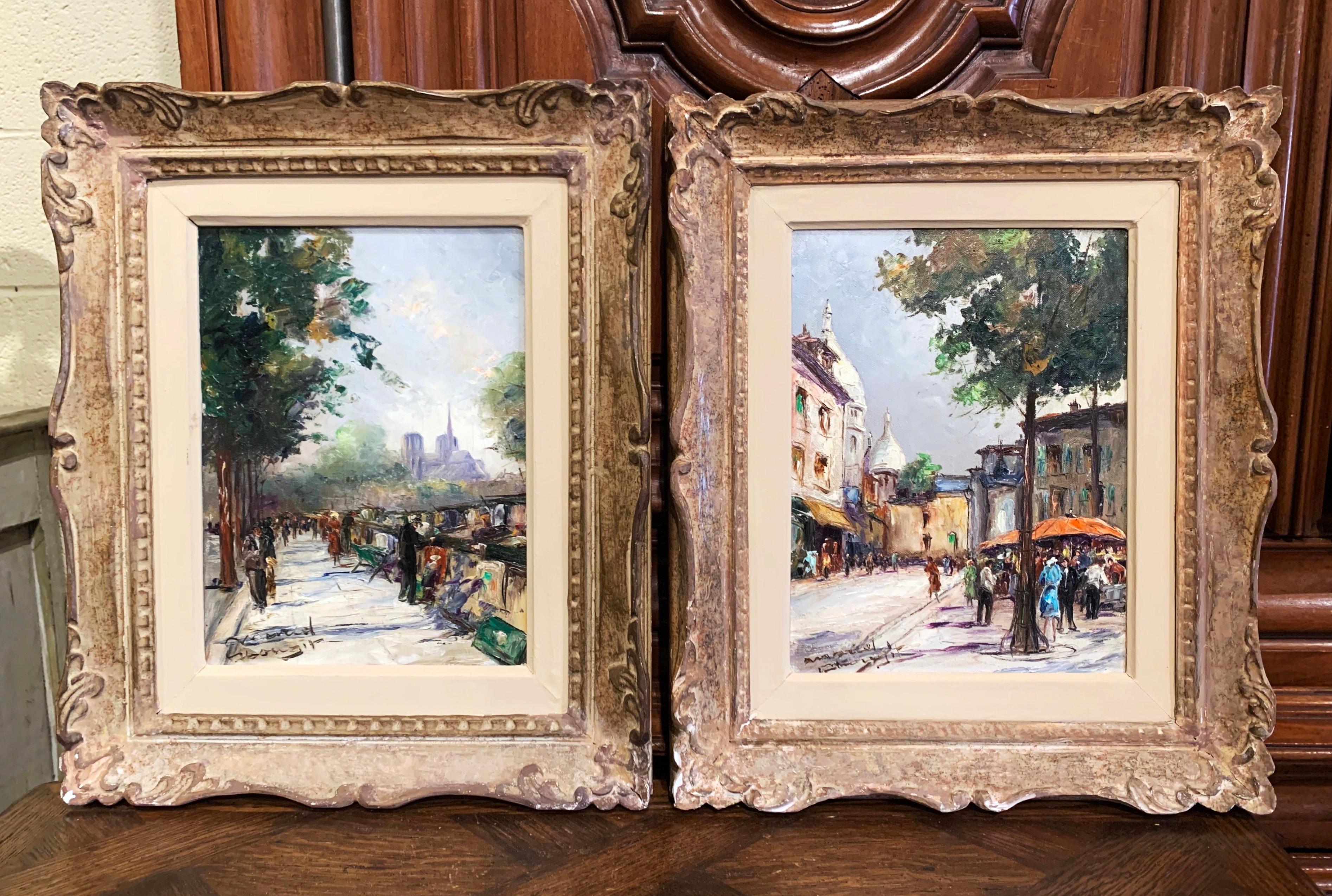 Pair of French Oil on Canvas Paris Paintings in Carved Frames Signed M. Abougit In Excellent Condition In Dallas, TX