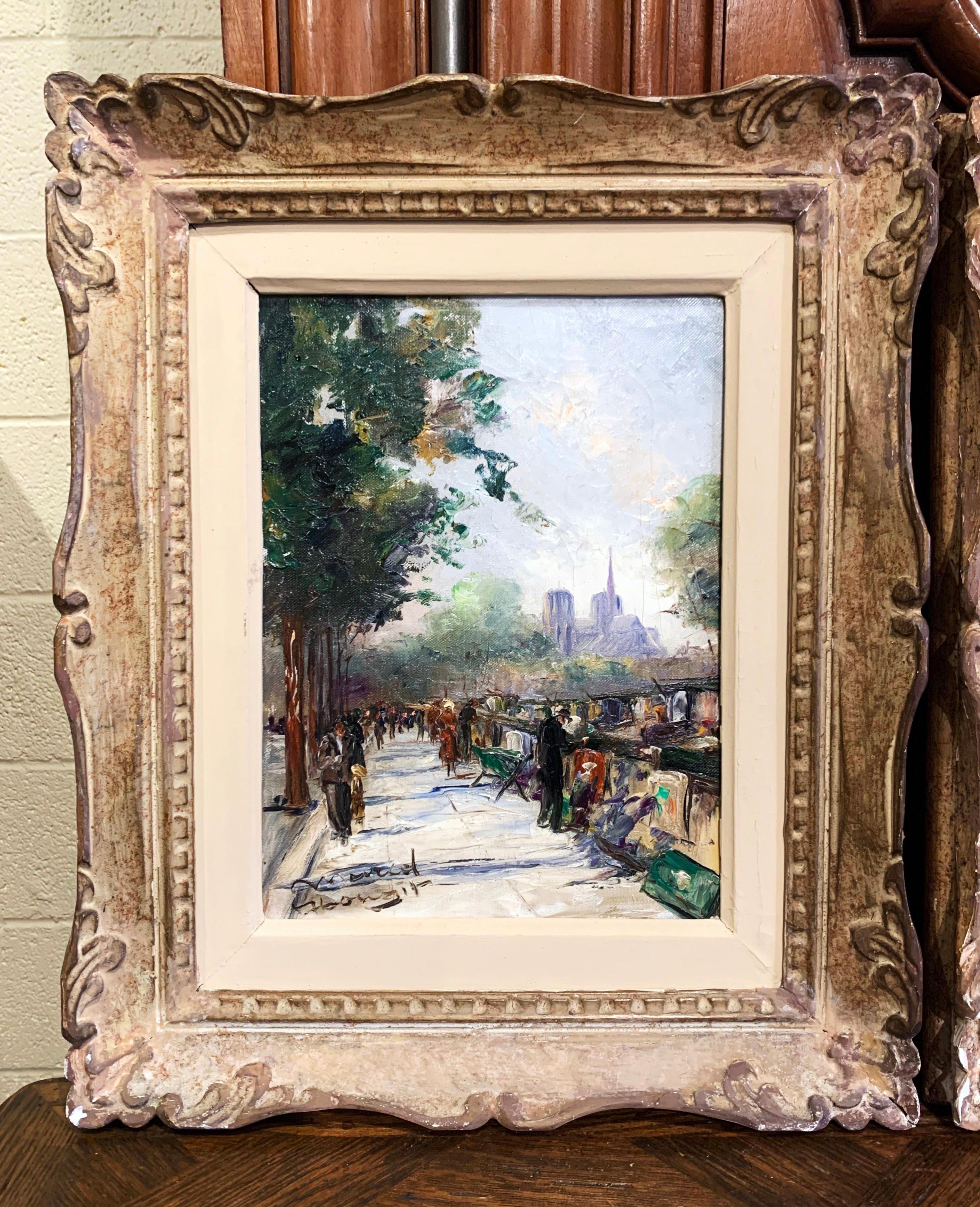19th Century Pair of French Oil on Canvas Paris Paintings in Carved Frames Signed M. Abougit