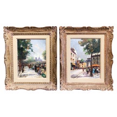 Pair of French Oil on Canvas Paris Paintings in Carved Frames Signed M. Abougit