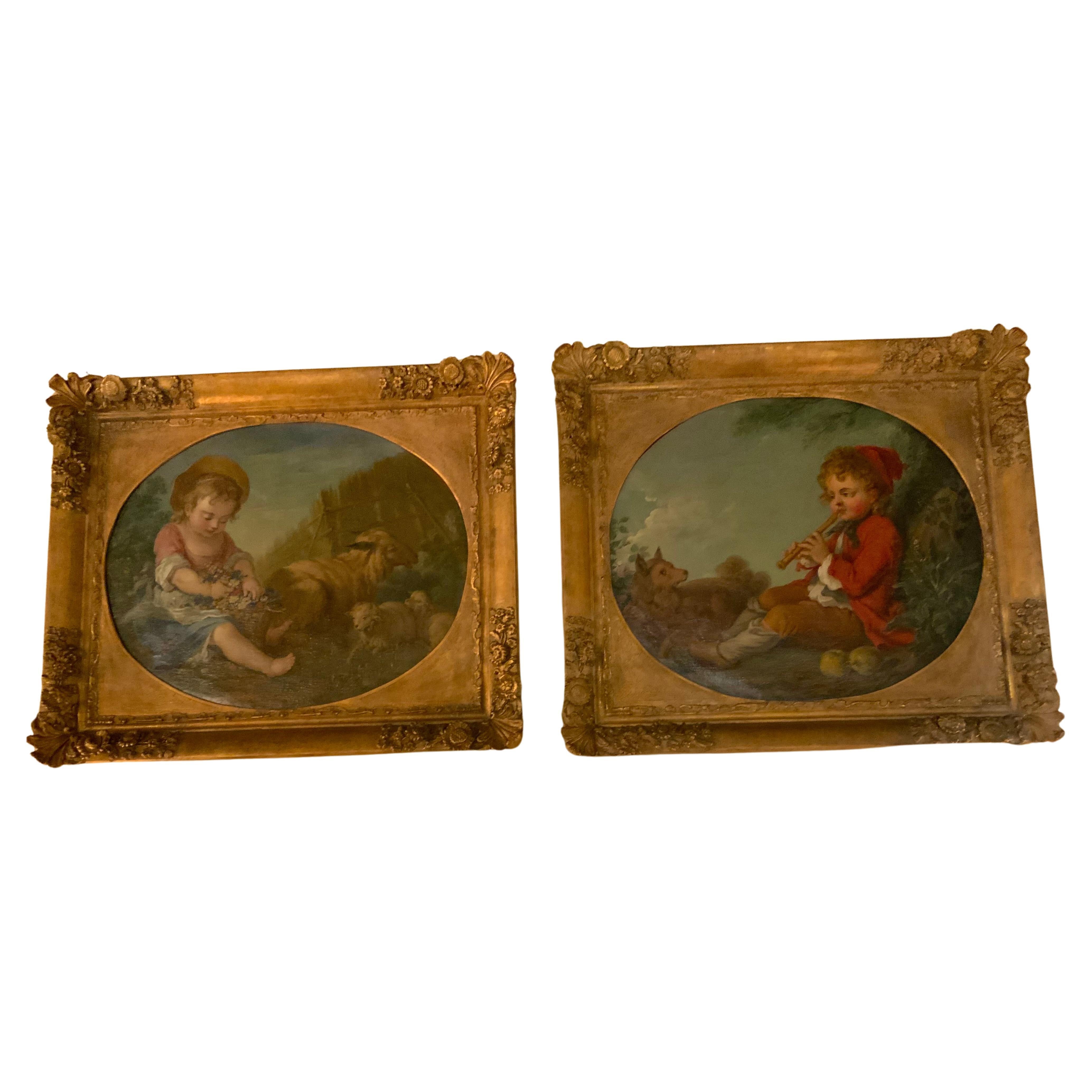 Pair of French  oil paintings after Francois Boucher  For Sale