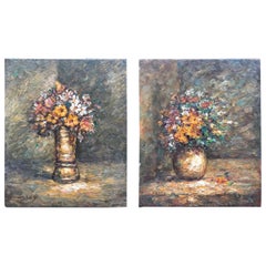 Pair of French Oil Paintings Floral Nature Morte by Gardy Claude, 1947