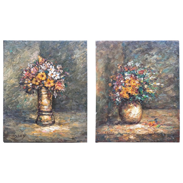 Pair of French Oil Paintings Floral Nature Morte by Gardy Claude, 1947 For Sale