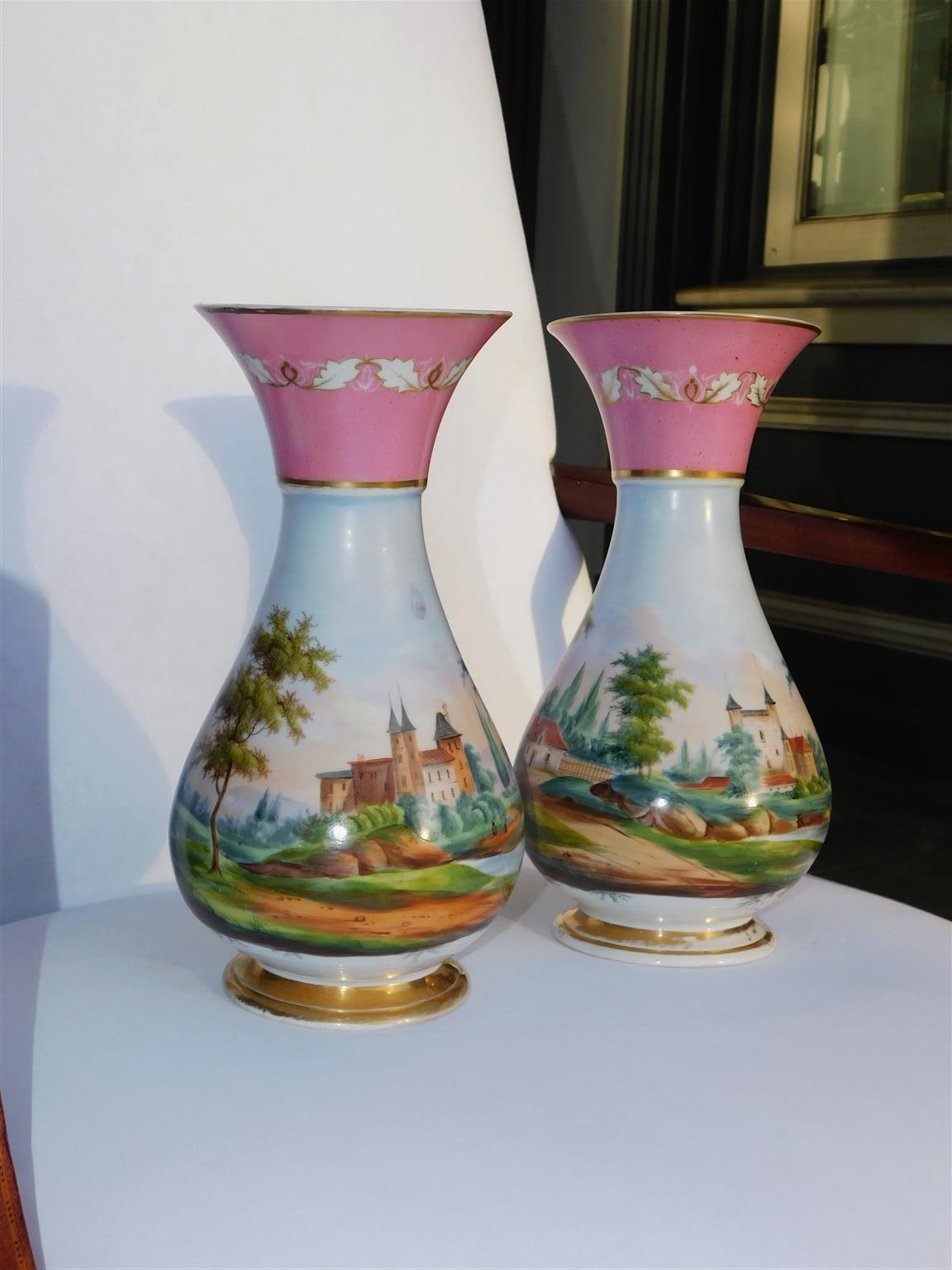 Pair of French Old Paris hand painted porcelain vases with scenic landscapes, Mid 19th Century
Dimensions of each are 12 Tall / 4.5 Diameter at Base / 5.25 Diameter at Top / 6 Diameter at Middle.