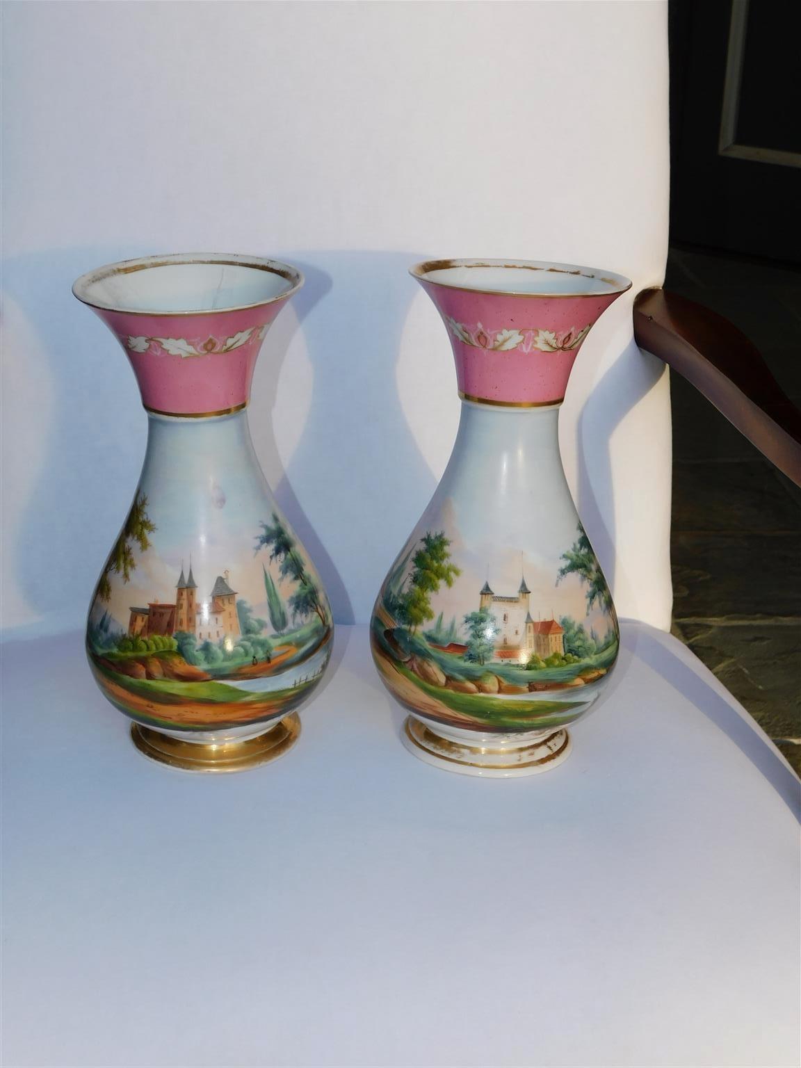 Louis Philippe Pair of French Old Pairs Painted Porcelain Vases with Scenic Landscapes, C. 1840 For Sale