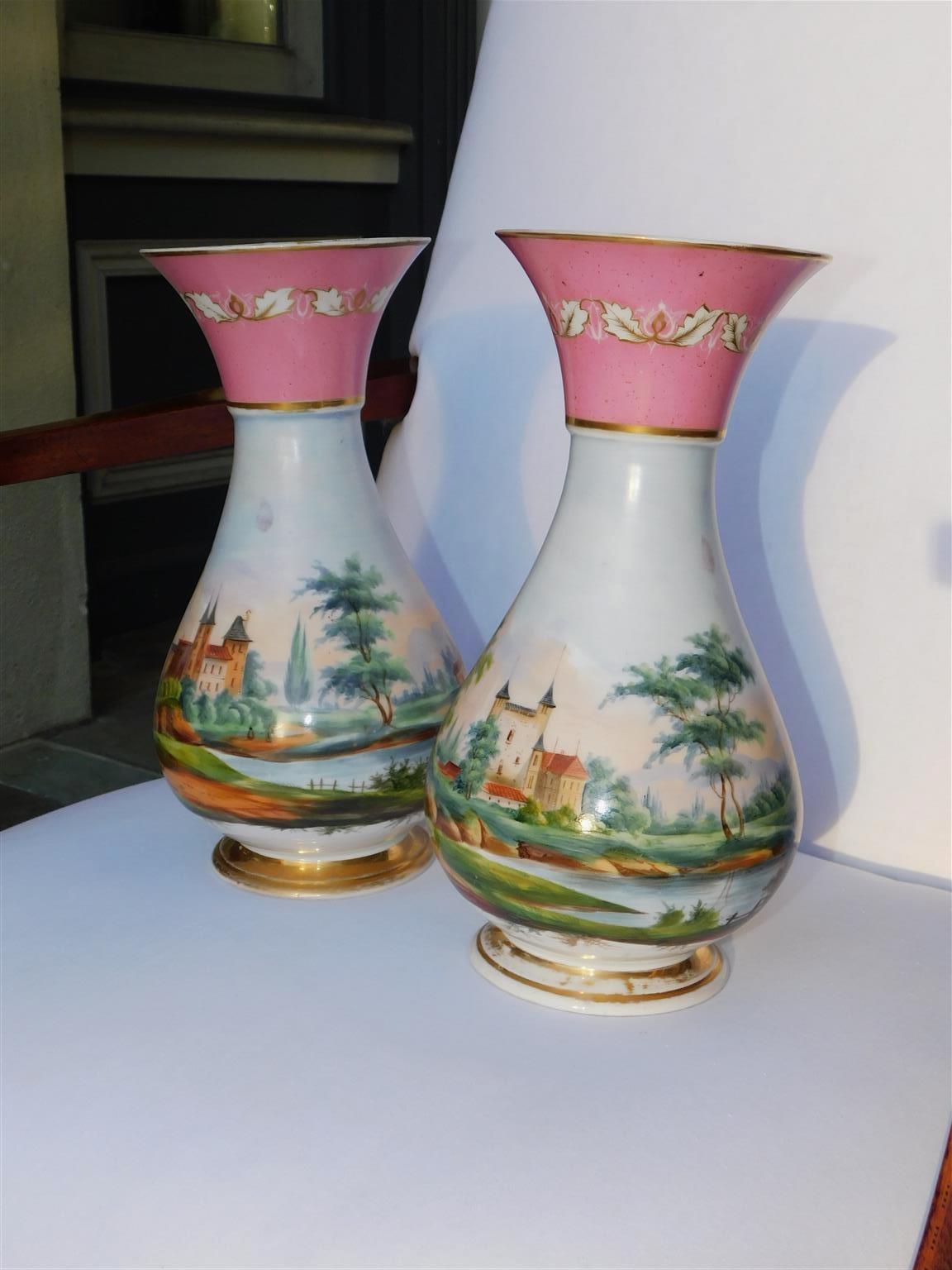 Glazed Pair of French Old Pairs Painted Porcelain Vases with Scenic Landscapes, C. 1840 For Sale