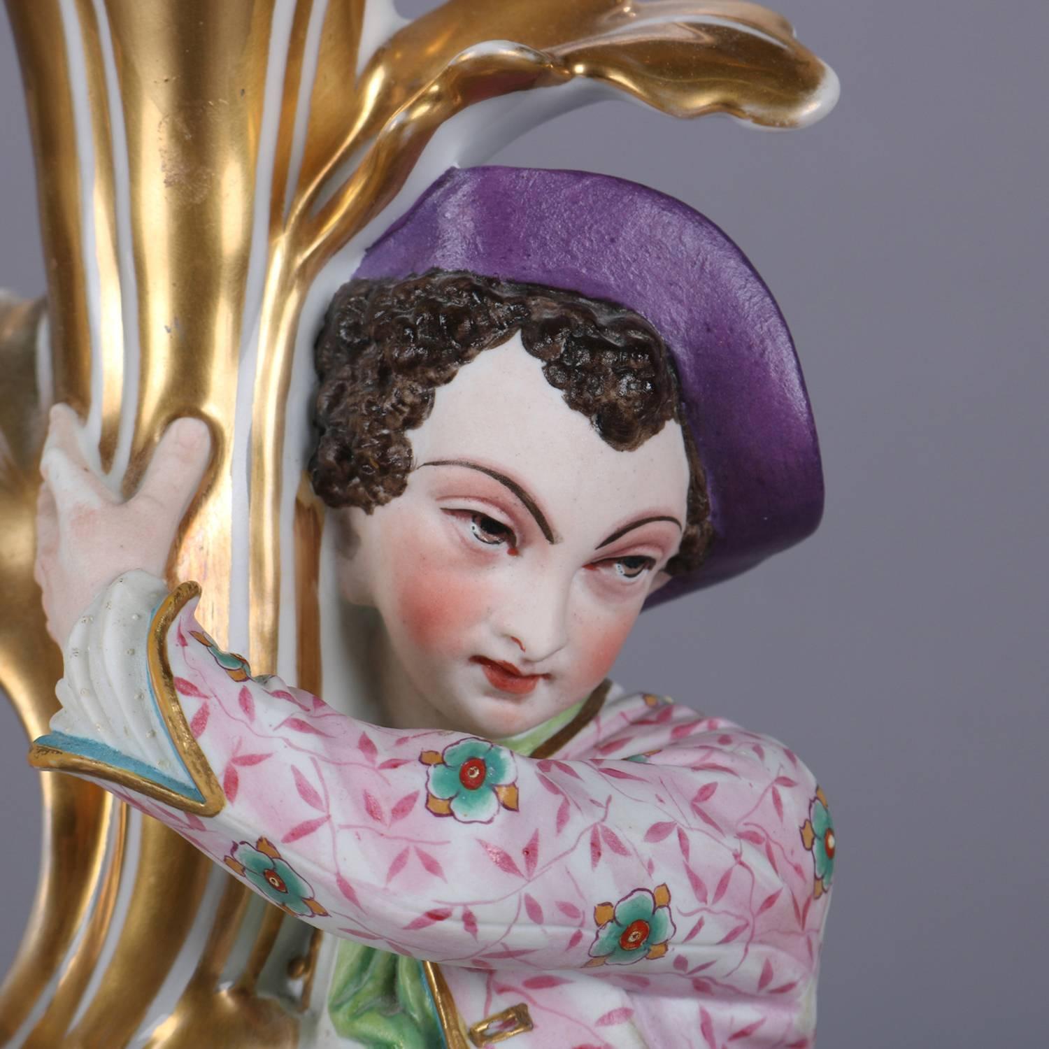 Pair of French Old Paris Hand-Painted and Gilt Porcelain Figural Spill Vases In Good Condition In Big Flats, NY