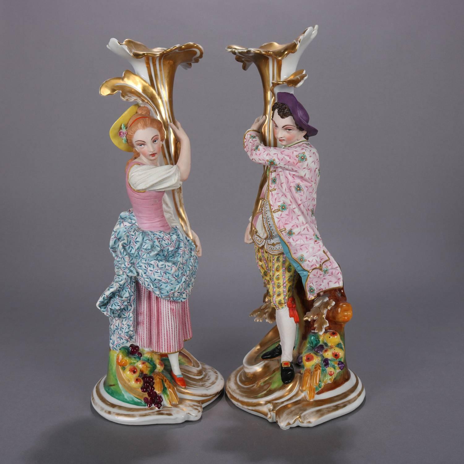 19th Century Pair of French Old Paris Hand-Painted and Gilt Porcelain Figural Spill Vases