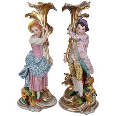 Pair of French Old Paris Hand-Painted and Gilt Porcelain Figural Spill Vases