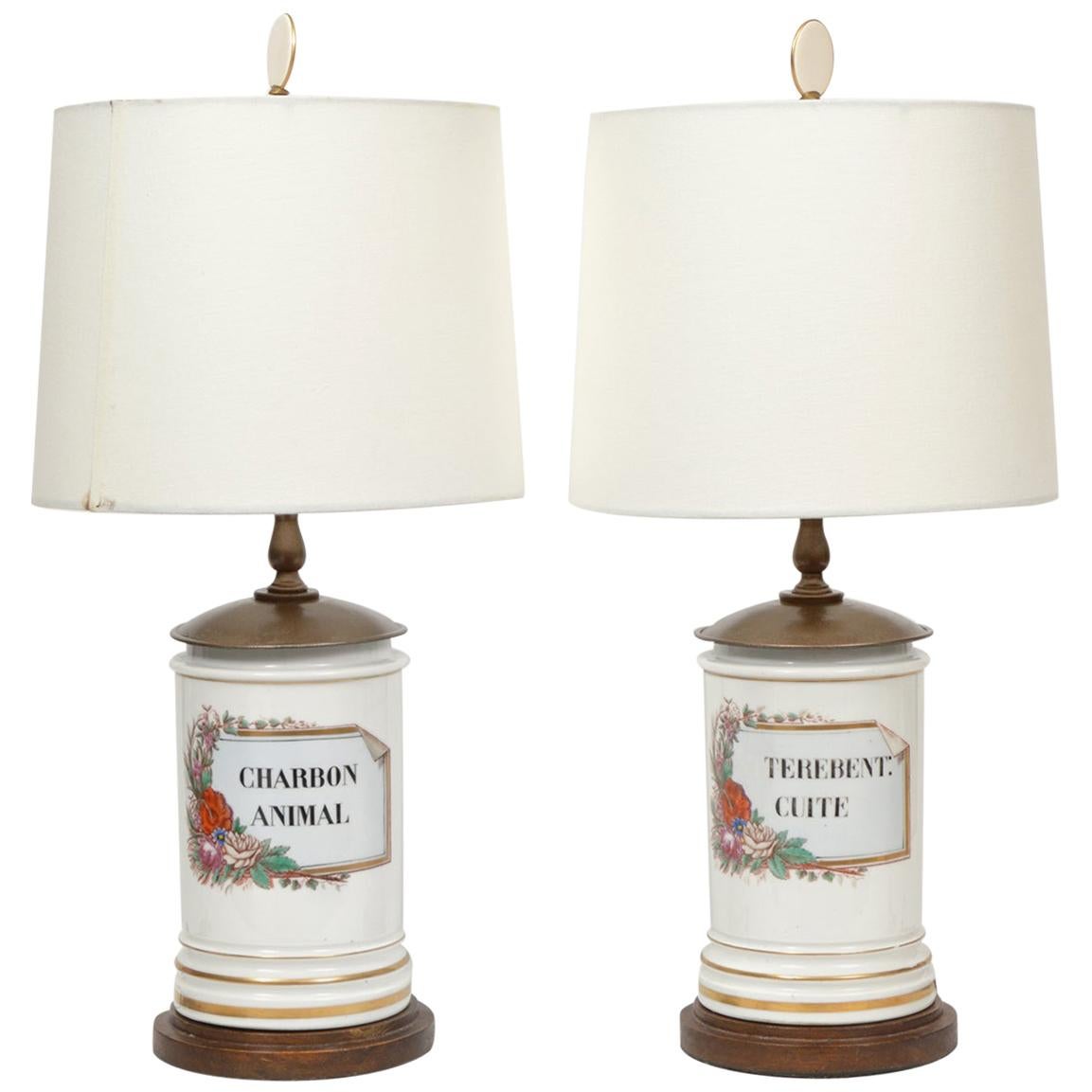 Pair of French 'Old Paris' Hand Painted Porcelain Apothecary Jars as Table Lamps