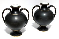 Pair of French Old Paris Porcelain Basalt-Glazed Urns w Neoclassical Decoration