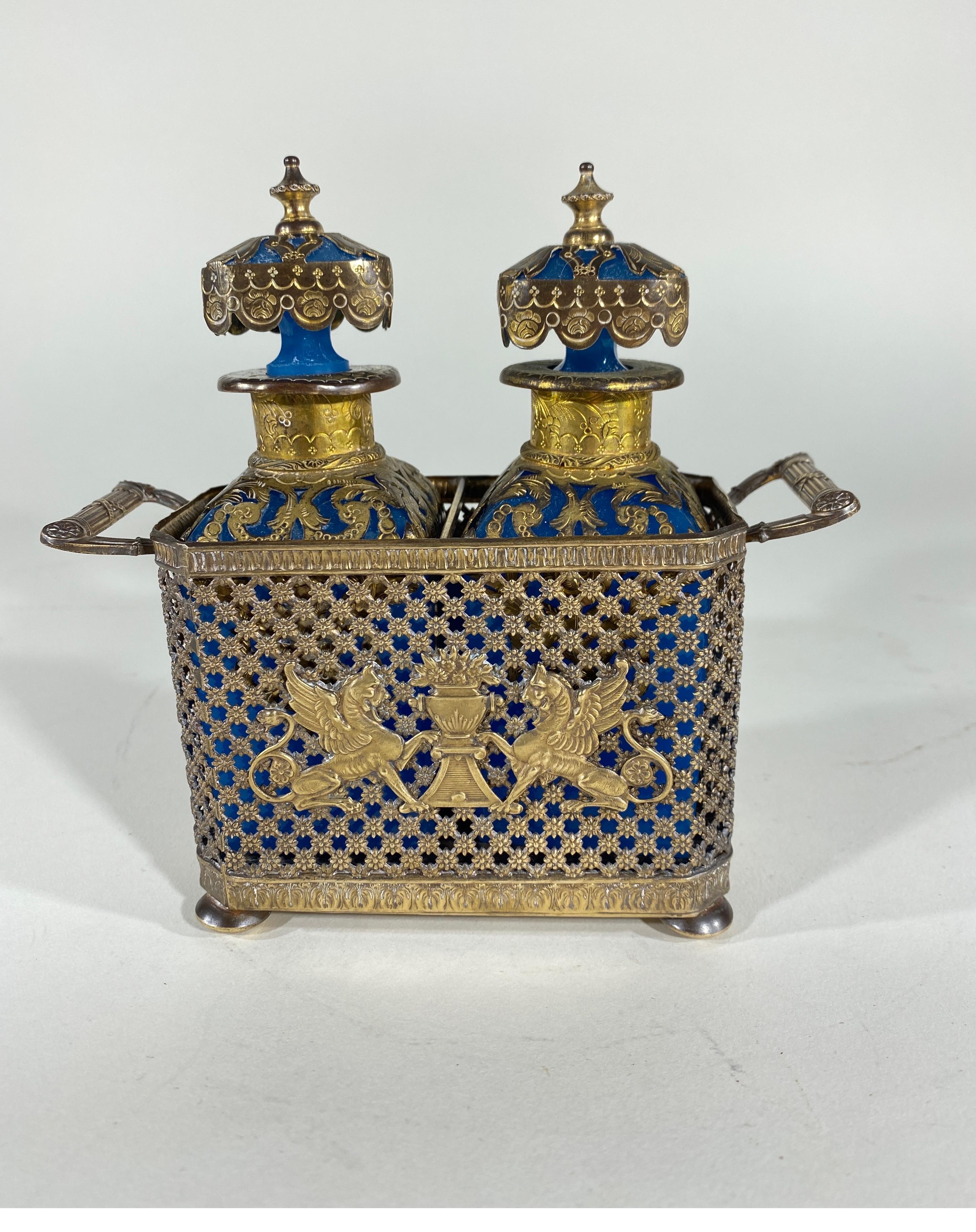 Napoleon III Pair of French Opaline and Gilt Bronze Parfum in Holder For Sale