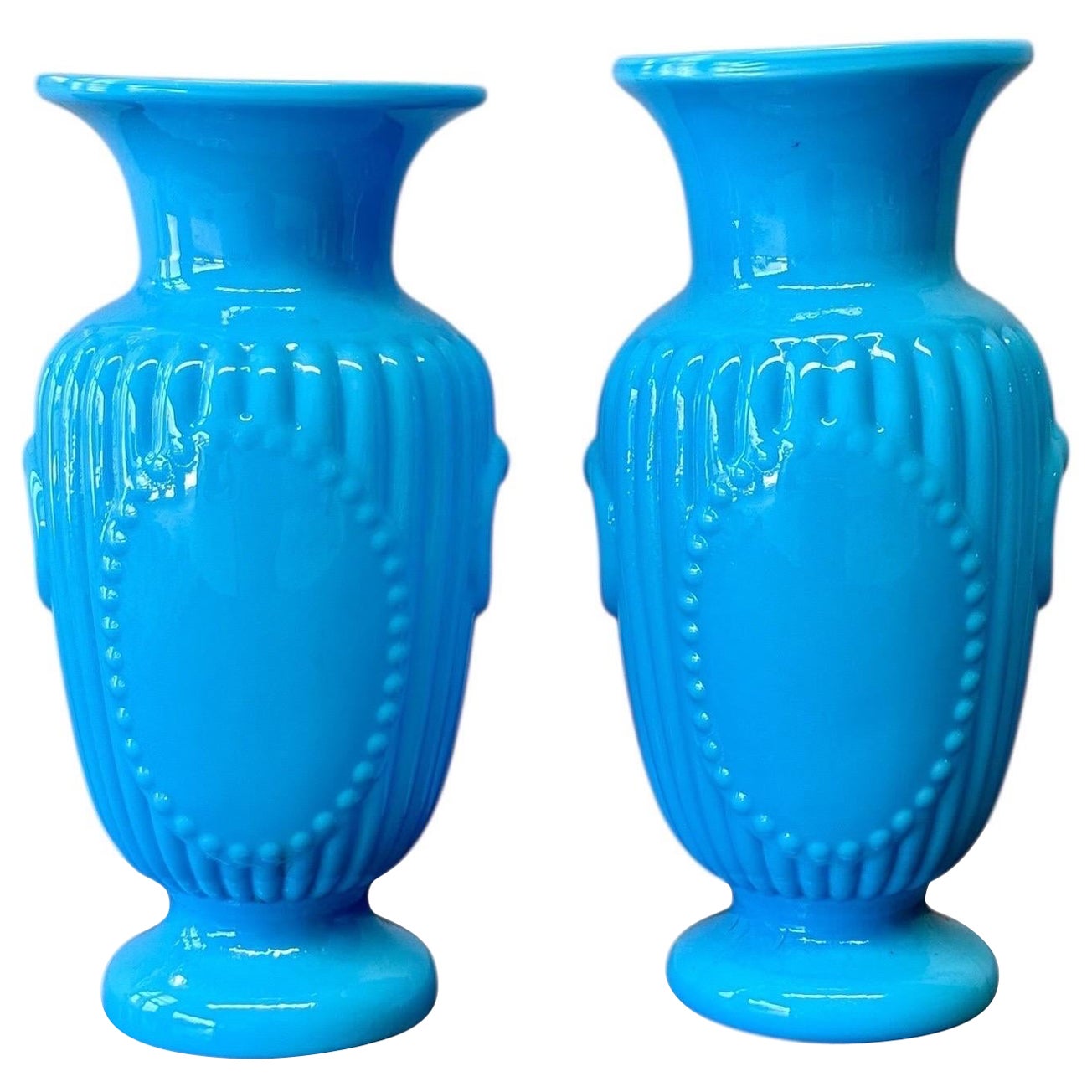 Pair of French Opaline Blue Glass Vases, 19th Century in vendita